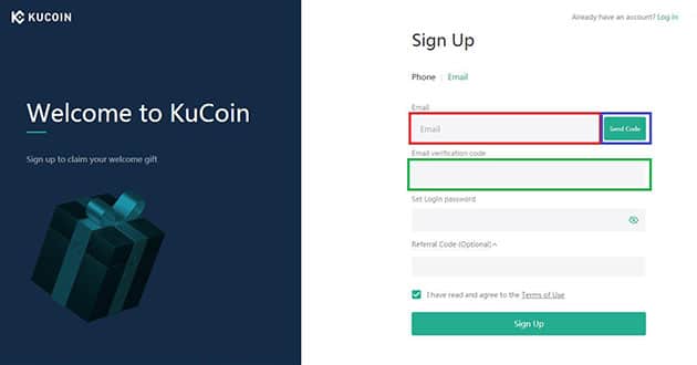 وارد کردن ایمیل برای ثبت نام در صرافی kucoin
