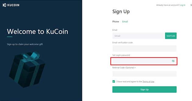 واردکردن رمز عبور برای ثبت نام در kucoin